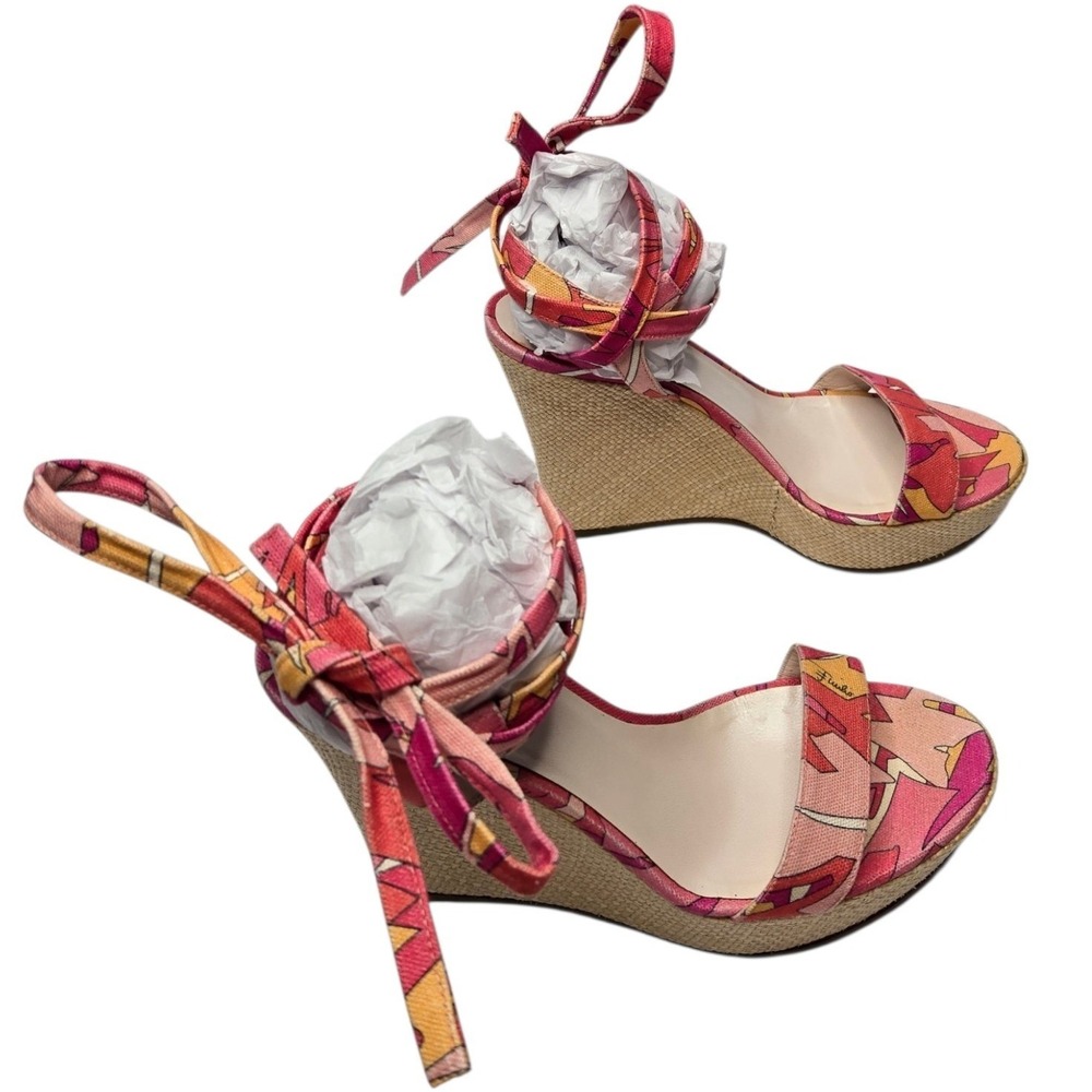 Emilio Pucci Y2K Raffia Espadrille Wedge Sandals 38 Pink Abstract Italy Tie Heel - Picture 10 of 16